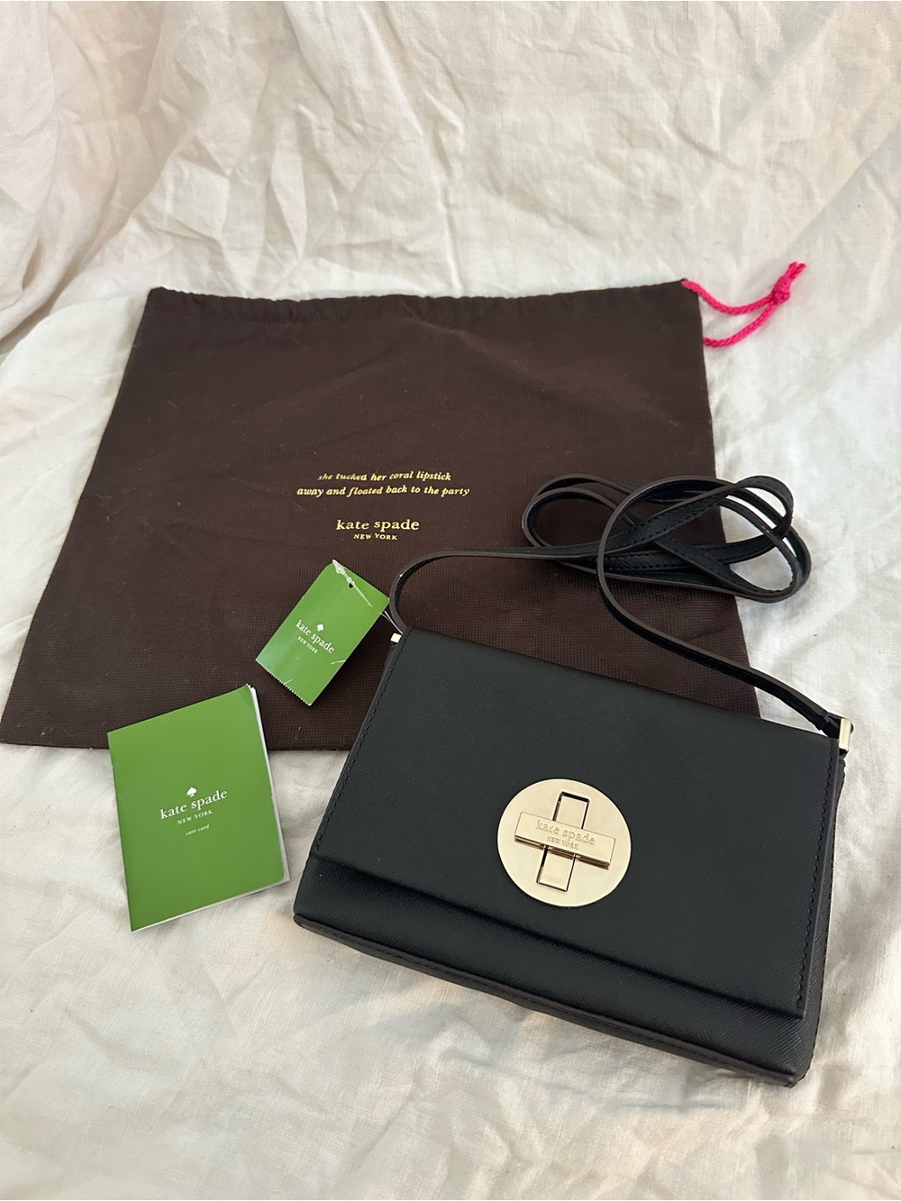 kate spade Black Leather Shoulder Bag with Gold Disc Turn-Lock